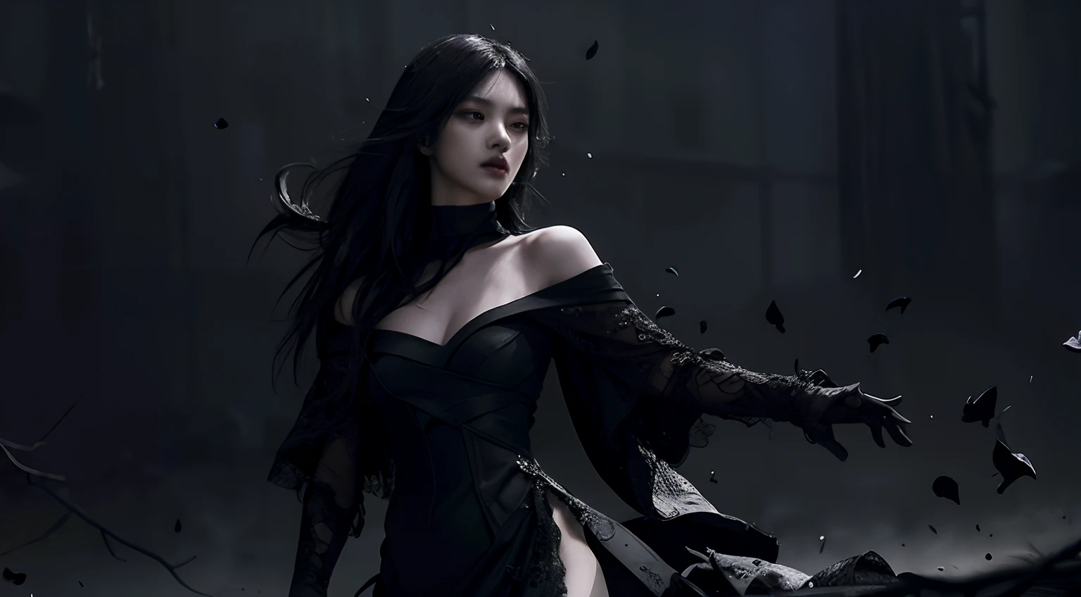 (best quality, highres),black dress,black hair,black petals,black theme,no lights,black ninja,dark shadows,dramatic atmosphere,exquisite details,perfect composition,subtle textures,contrasting colors,sleek design,graceful movement,sharp edges,emotive expression,extraordinary pose,mysterious aura,striking contrast,modern art style,intense emotions,masterful brushstrokes,vibrant black tones,sophisticated elegance,fierce and powerful,mesmerizing intensity,artistic vision,black abyss,illusion of depth,enigmatic beauty,ethereal presence,impressive artwork,hauntingly beautiful, dark theme, black background, black rose, dark ninja, intense gaze, flowing dress, detailed facial features, long eyelashes, contrast, fine details, dramatic atmosphere, gothic style, intense emotions, monochrome color palette, captivating setting, haunting beauty, artistic photography, everything is black
