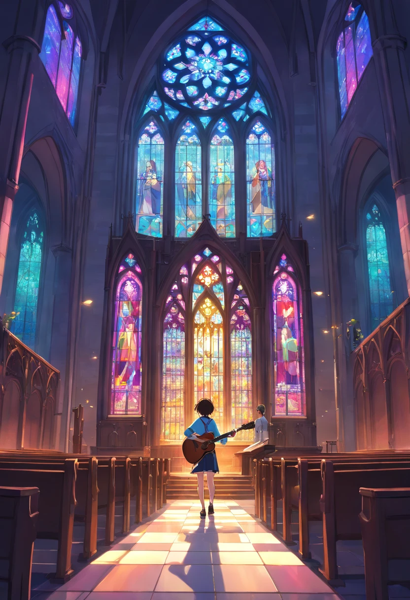 Realistic environment of dark cathedral, Light shines through the colorful stained glass windows. are in the center, A musician with a guitar on his back was seen from behind.