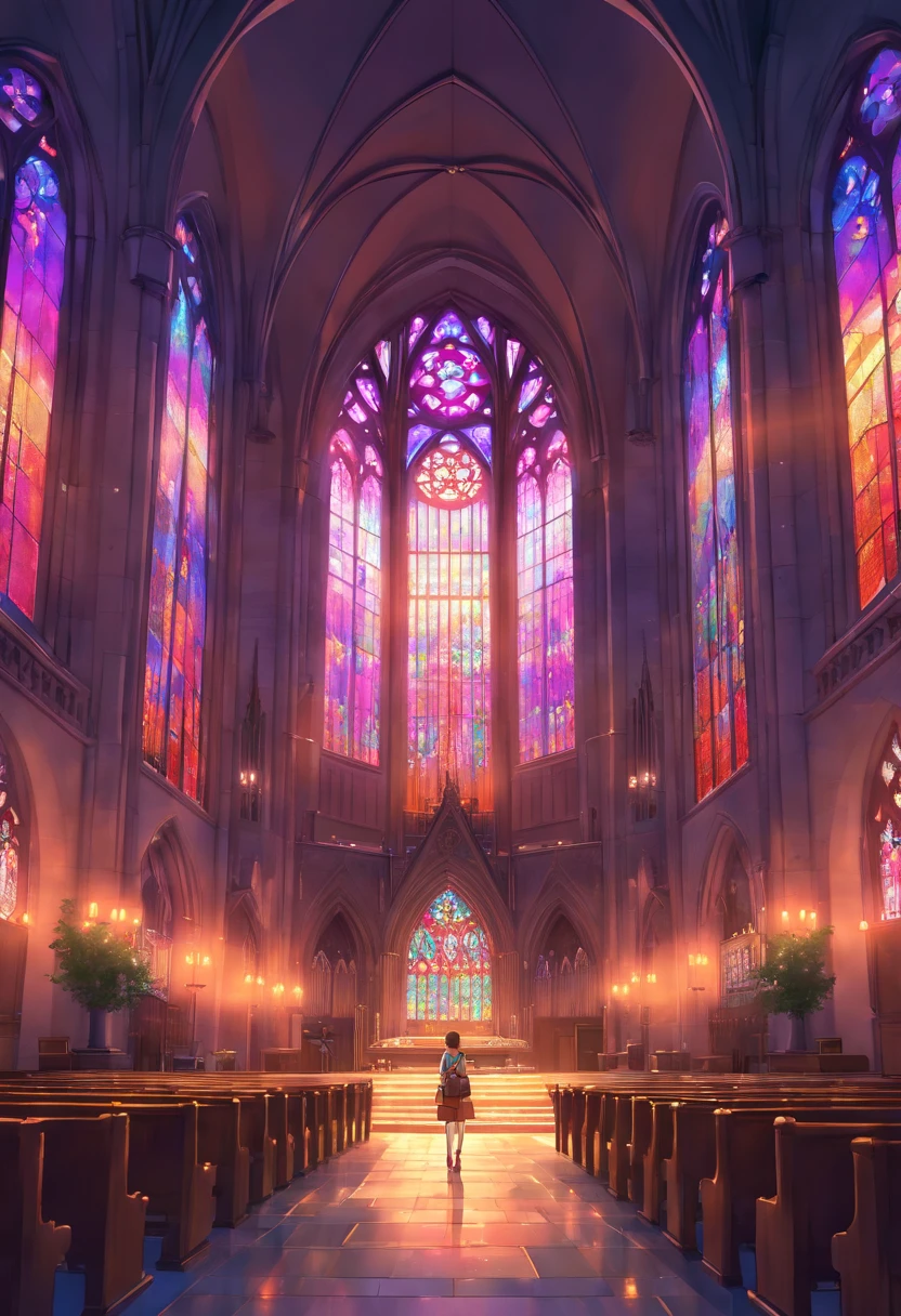 Realistic environment of dark cathedral, Light shines through the colorful stained glass windows. are in the center, A musician with a guitar on his back was seen from behind.