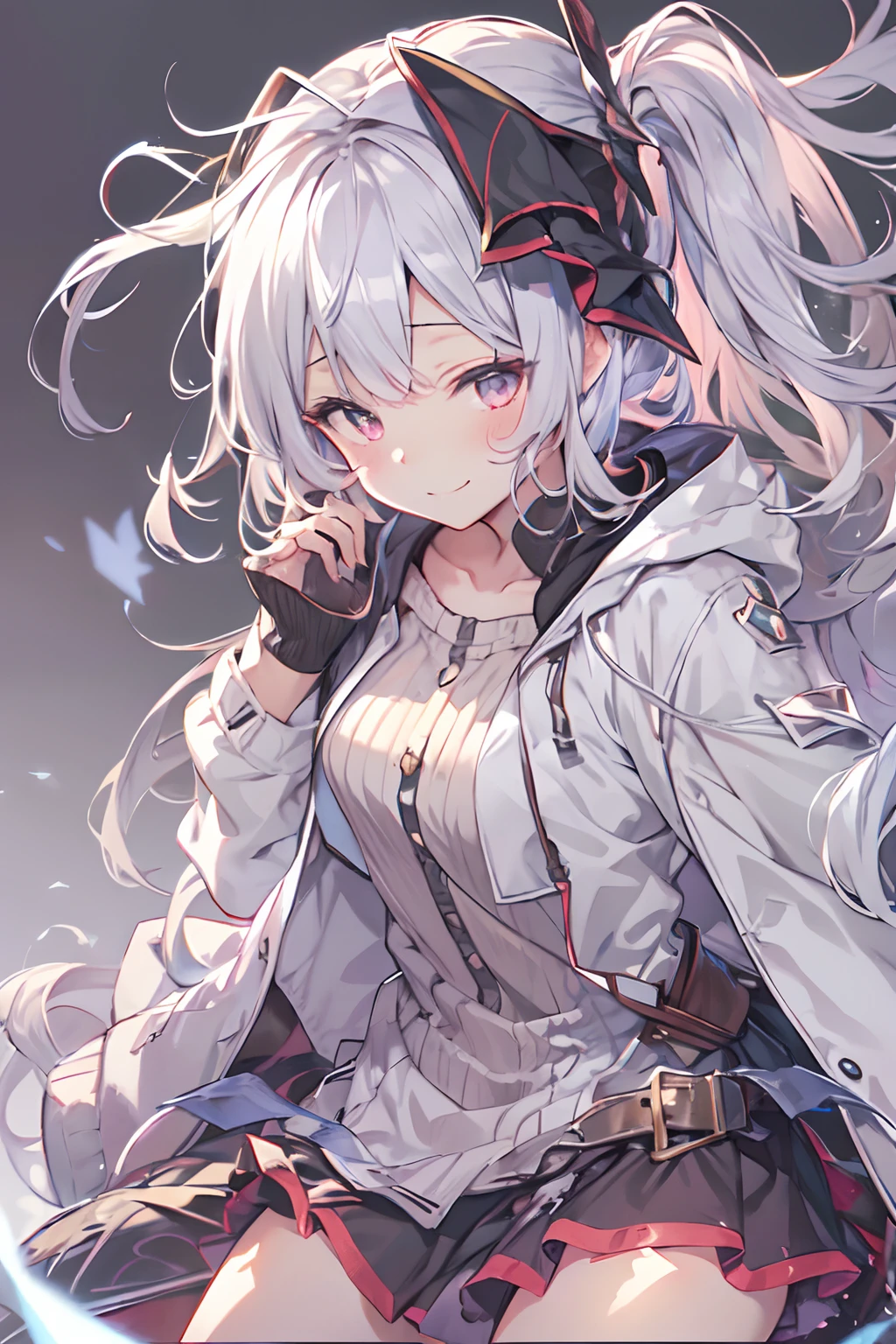 top-quality、8K))One Woman　long hair anime girl、extremely cute anime girl face、nightcore、From the front line of girls、Portrait of a cute anime girl、granblue fantasy style, granblue fantasy style, granblue fantasy style, Whole body, from bellow,ceiling,Looking at Viewer, Head_tilt, Petite, girl,Woman,Female, Mature,30 years old, Very long hair, flipped hair, White and silver hair, Flowing hair, Ahoge, lightsmile,Closed_Eyes , Medium_breasts, thighs thighs thighs thighs, White skin, coat, Hoodie, Black_Skirt, knee_long boots, hoods_Down, Thigh_the gap, Black clothes, Transparent_Background, Transparent_Background, Transparent_Background, absurderes, hight resolution, very precise details,fullllbody　Night mood