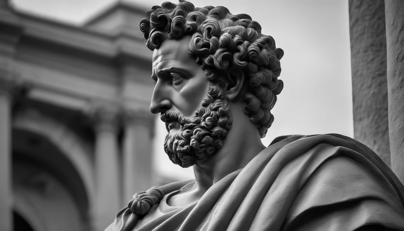 a portrait statue of the stoic Marcus Aurelius in black and white 4K,Face de lado, Super realistic wallpaper contemplating with balcony view
