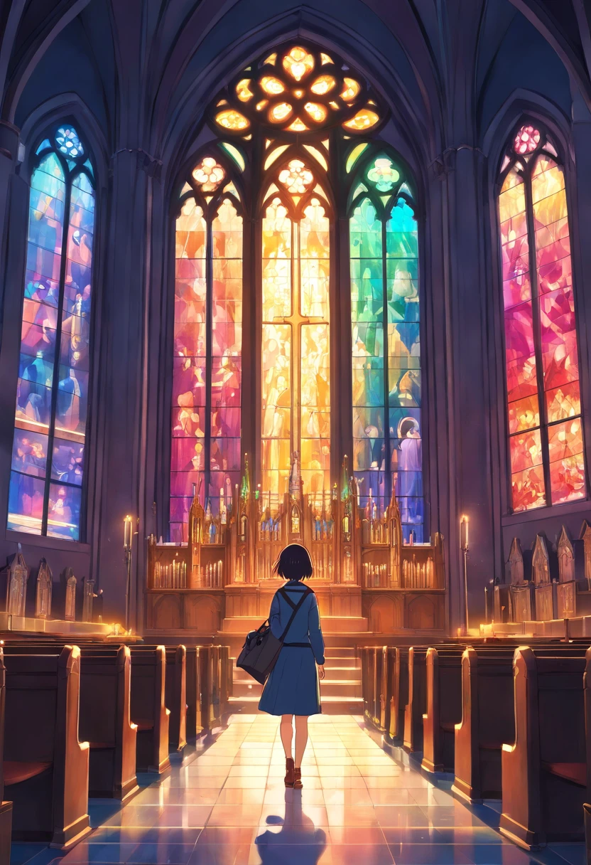 Realistic environment of dark cathedral, Light shines through the colorful stained glass windows. are in the center, Watching from behind,Hand-held briefcase