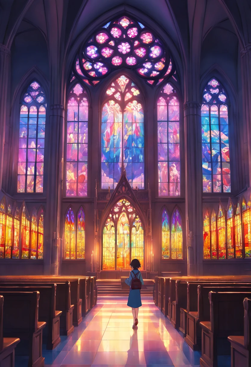 Realistic environment of dark cathedral, Light shines through the colorful stained glass windows. are in the center, Watching from behind,Hand-held briefcase