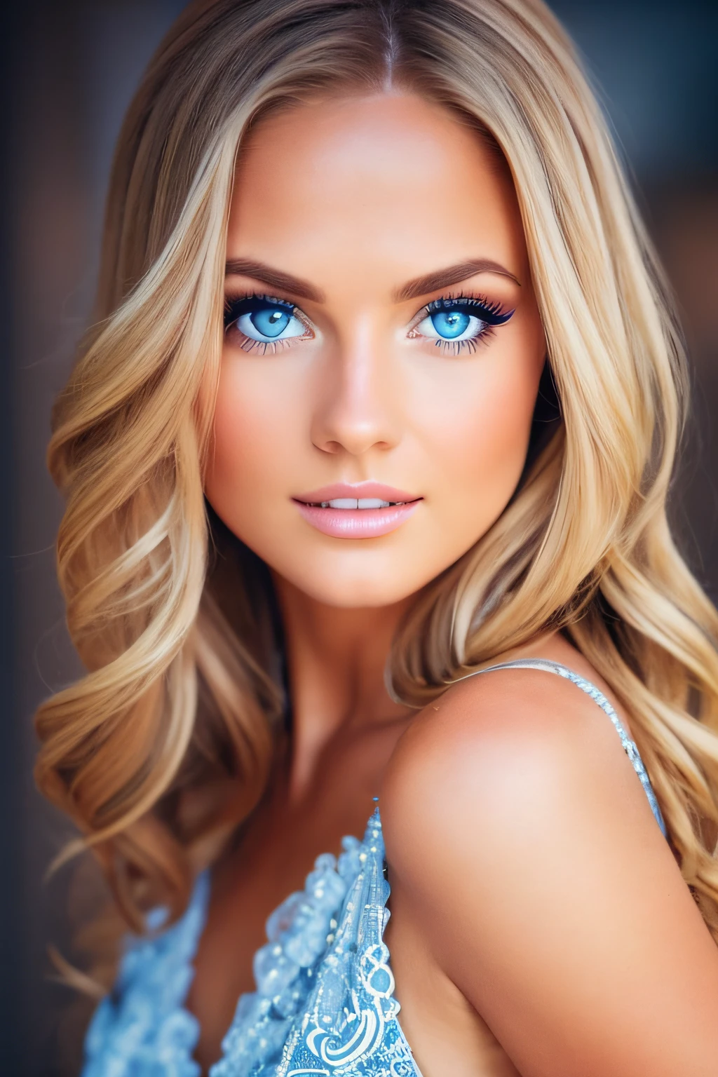 Beautiful blonde woman with sexy appearance and big blue eyes, Cute natural makeup, Realistic, Concept art, elegant, Highly detailed, Complex, sharp-focus, Depth of field, f/1. 8, 85 mm, Mid, Mid, (professional colour grading)), Clear Focus, Bright soft diffused light, (volumetric fog), Popular on Instagram, HDR 4K, 8K, fat