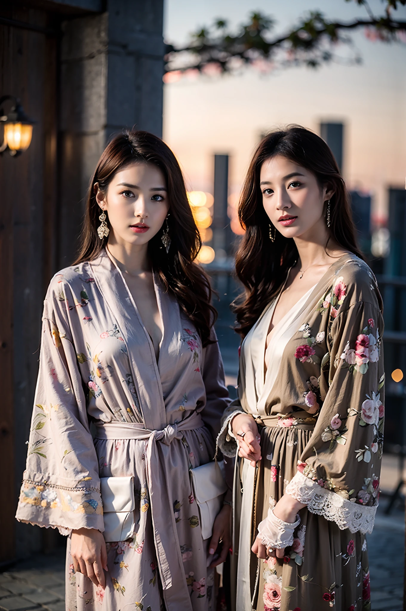 (multi girls:1.3),(Two girls:1.4, Kneeling),8K, Masterpiece, RAW photogr:1.4, Best quality, Photorealistic, Extremely detailed CG unifies 8K wallpapers, Depth of field, Cinematic light, Lens flare, Ray tracing, (Extremely beautiful face, Beautiful lips, Beautiful eyes), intricate detail face, ((ultra detailed skin)) 2girls, In the dark, deepshadow, pretty asian girl, heartthrob, ((view the viewer)),(Big smile:1.3), (Cityscape, The background is blurred out), (Dim lights, the roof, terrazzo), Pretty girls, Earrings, bangle, necklace, Clear eyes, Walking , front footage, (Pale skin), facing the front there, (Big eyes), ((Full body shot)), ((silk tie)), ((Transparent colorful embroidered pattern dressing gown:1.3)), (brown hairs) (view the viewer:1.3), (Lace-up panties), Shiny , (see through,dressing gown :1.3,Embroidery), terrazzo