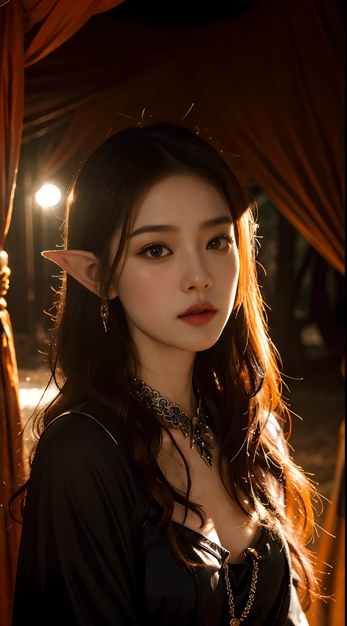 young Zhang Ziyi as pointy ears elf gypsy, heavy gothic makeup, light orange platinum curly bob hair, very detailed beautiful face, ethereal magical busy gypsy tent background, photorealistic, hyperrealism, professional photography, DSLR, HDR