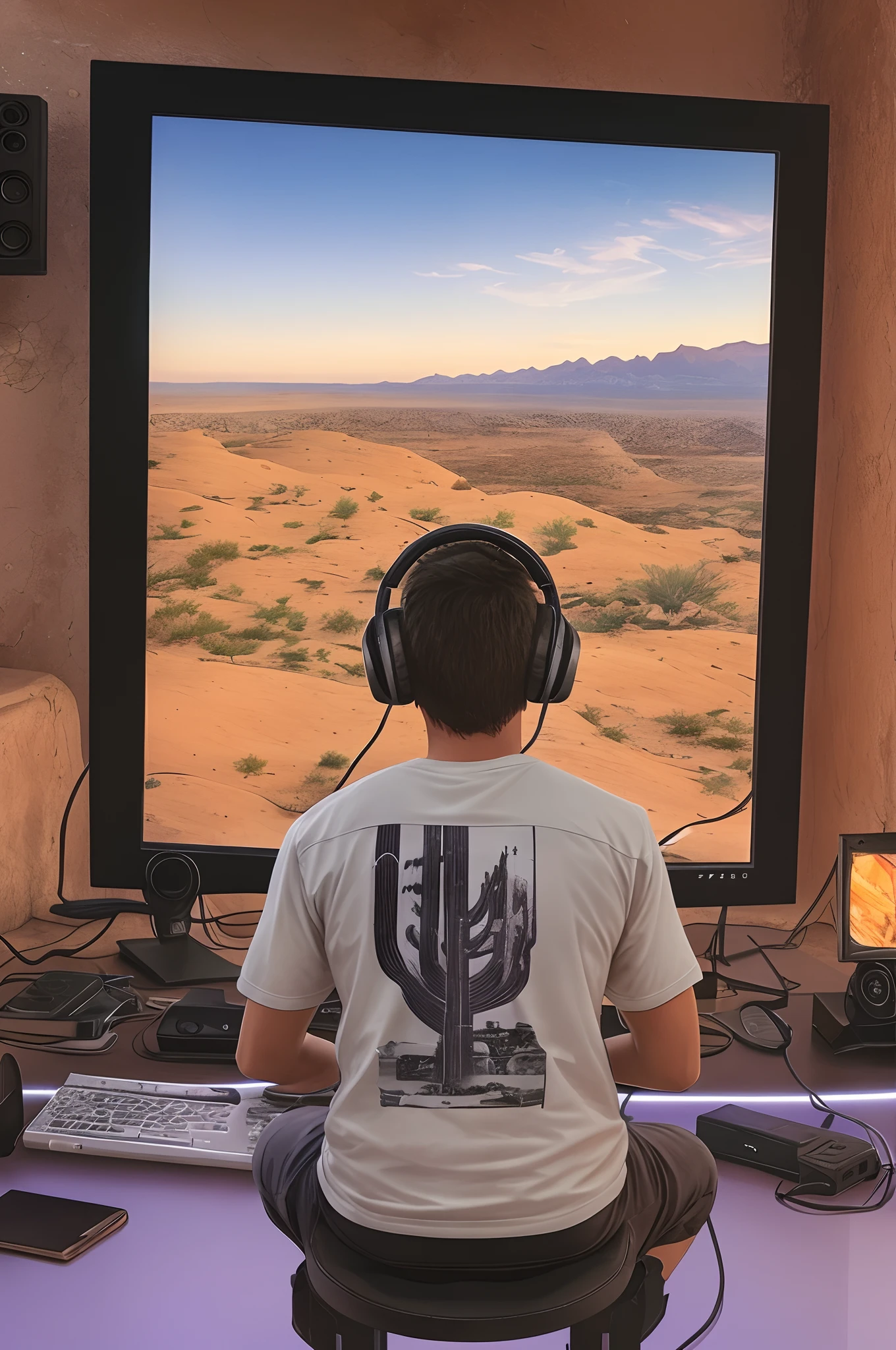 Cinematic photo of a young video game gamer sitting on a black stool facing  a 62 inch widescreen monitor placed on a white table on a cliff overlooking the arizona desert, surrealism, ambient realistic lighting, --auto --s2