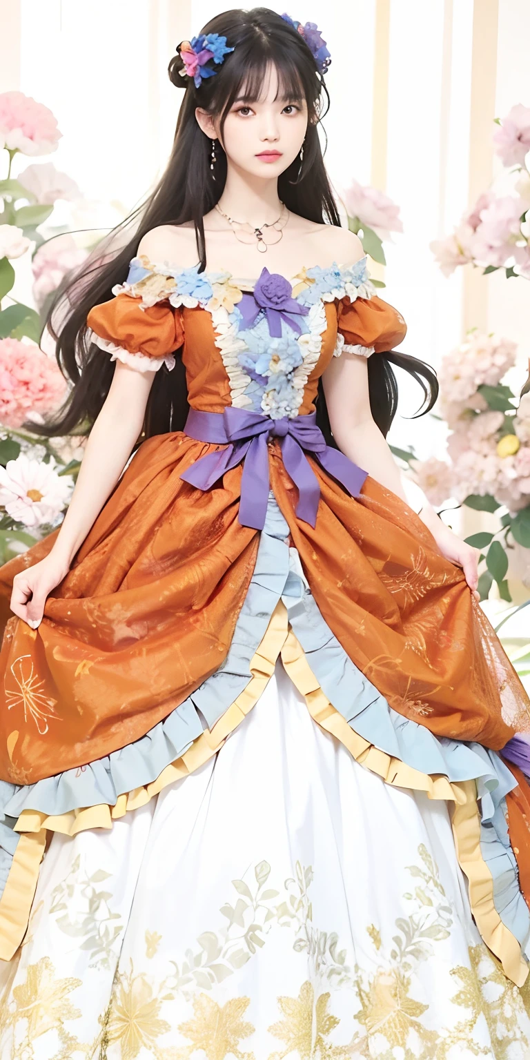 1girl, black hair, long hair, orange clothes, ultra detailed