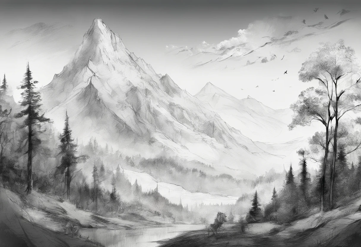 Mountain landscape, deciduous forests, charcoal sketch, very detailed and delicate
