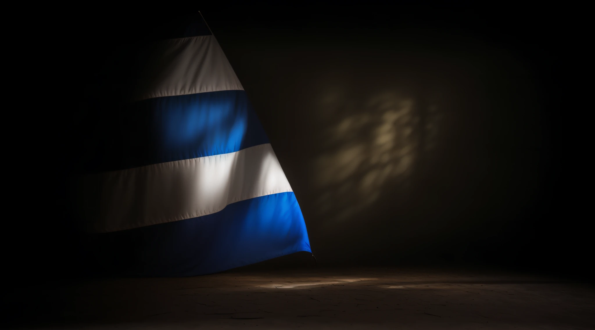 Bandeira Arafed com uma luz brilhando sobre ela no escuro, Foto de natureza morta de um pano de fundo, Directed by: Frederik Vermehren, bandeira, with dramatic lighting, Directed by: Eglon van der Neer, aparado com uma faixa branca, Directed by: Juan Gimenez, imagem renderizada, luz discreta, print ready, foto de alta qualidade, Directed by: Anna Füssli