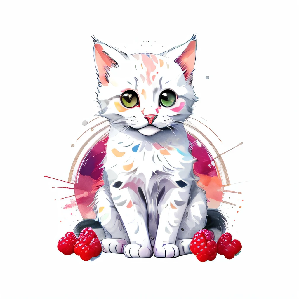 circular design, logo art, (cat design with raspberry),(raspberry on the table), fantasy, colorful, vintage, charming: white background, lowbrow art, digital illustration, radiant; gouache, 16k, minimalistic, doodle, CGSociety, solarpunk, crispy quality, sharp, bright, volumetric lighting, intricate, ample negative white space, as a logo, as a t-shirt logo in the style of art,  vladstudio ,