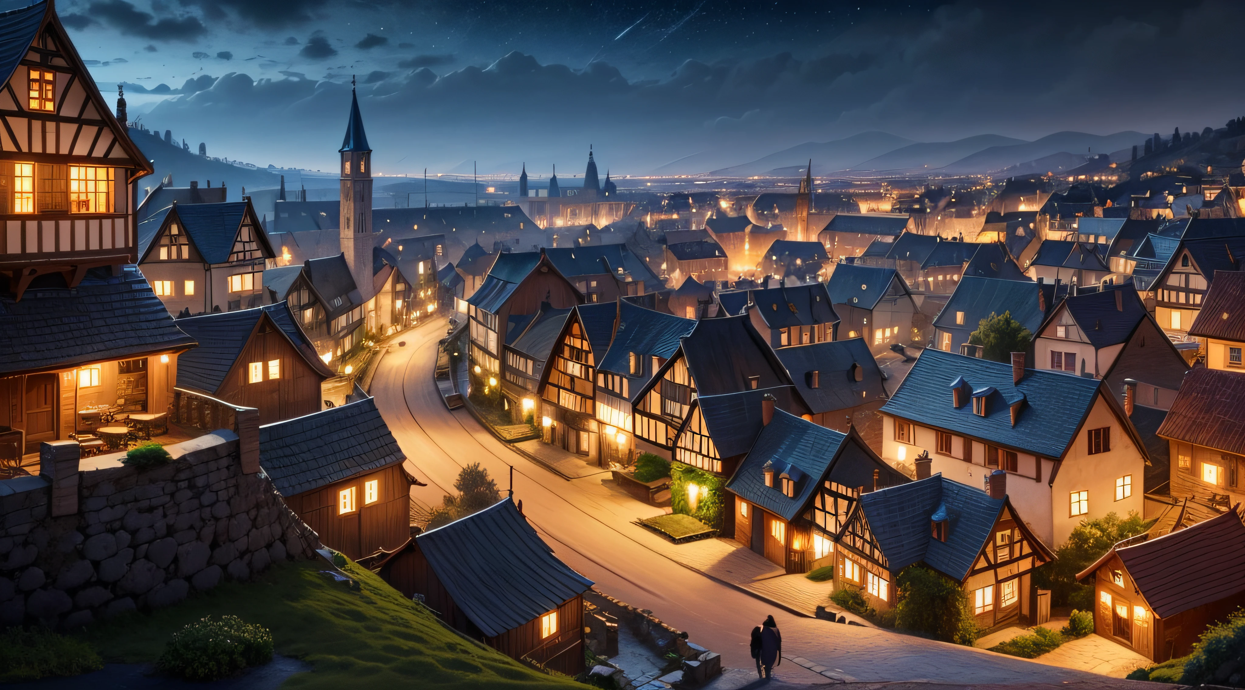 medieval city and meny of houses in night