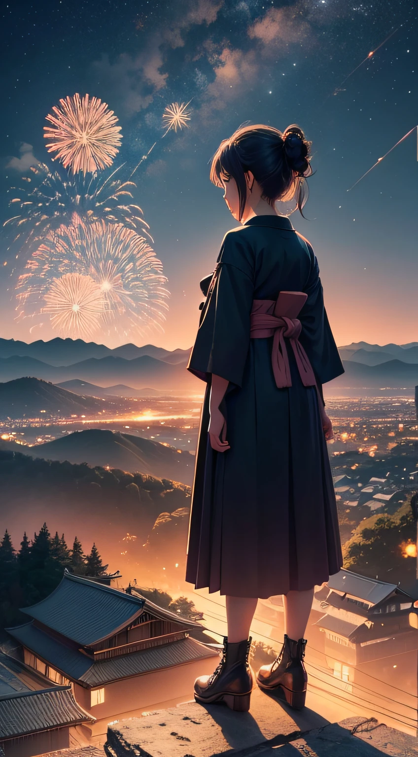 A view of the Japanese countryside. She is looking down on a jewel-like cityscape . Fireworks filling the sky at night, on a hill , a girl standing alone in the landscape . High image quality down to the smallest detail. Fantastic landscape. People are large.