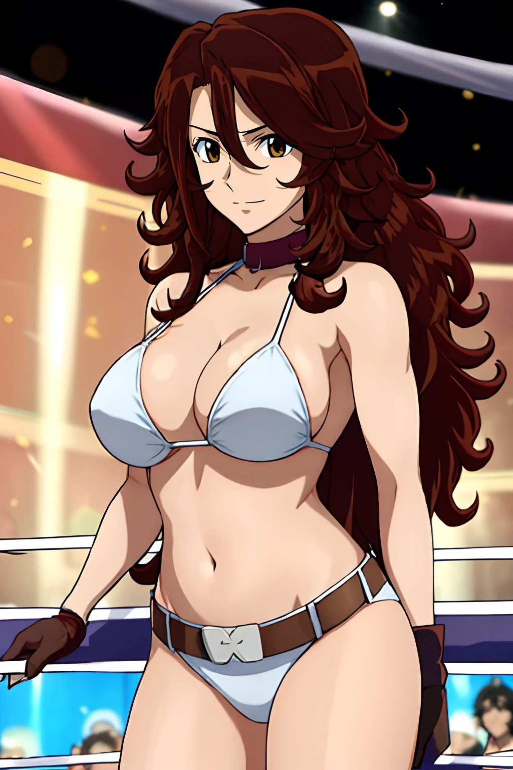 curvy belly, titration screen,, Elegant lady, (upper body only), anime style: 1.8, anime drawing, ultra detailed face, ultra detailed body, 4k, Sumergai Lee Noriega, (standing), best quality, anime style, hires, highest definition, digital blending, bold drawing lines, ((wwe diva), (location: wrestling arena, crowds watching), ( big shoulders, slim body, (wrestler body, thick arms, detailed biceps), , broad shoulders, closed fists, (very curvy: 2.8)), ((white bikini, only, white gloves, collar, hand protector, (champion belt on bare belly))), loser, defeated, sad, (pale skin, big breasts, smile), (big eyes, brown eyes), (clapping), ( brown hair, loose hair, curly hair, wavy hair, long hair, missy hair), 27 years old,