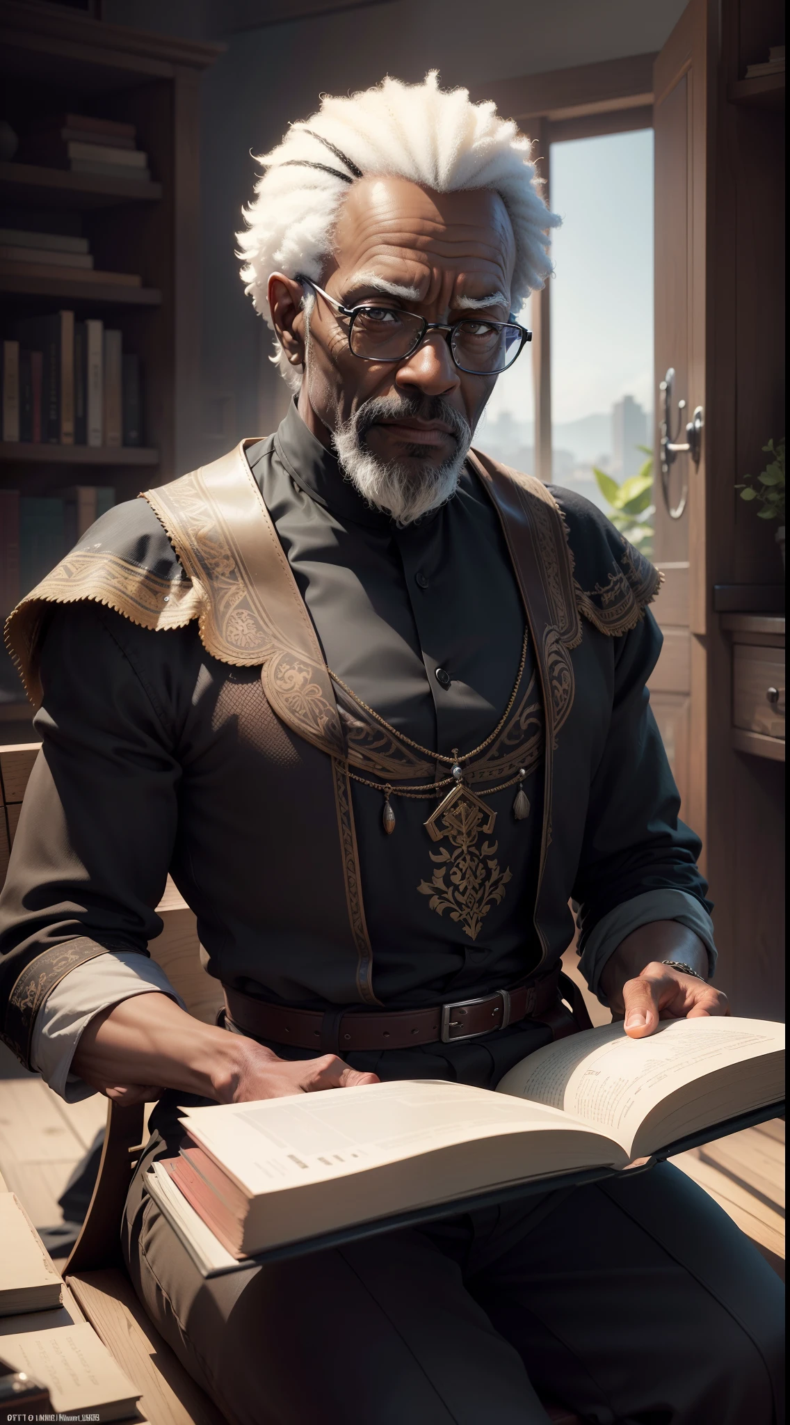 An old black man sits in front of an ancient book in the Sceen mystery, eyes on camera, Prendre une image claire du vieil homme, ultra HD, Max Sharpen, 8k, Ultra detailed 101K resolution, Sf, Tendances sur ArtStation, Mise au point nette, Prise de vue en studio, intricate high detail, highly detailed, Ultra detailded, ultra HD, Max Sharpen, 8k, Ultra detailed 101K resolution, Sf, Tendances sur ArtStation, Mise au point nette, Prise de vue en studio, intricate high detail, highly detailed