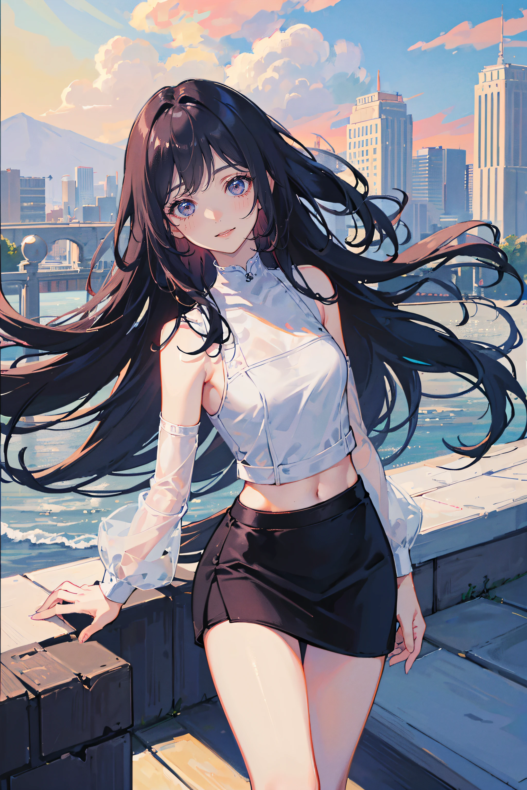 1 girl,long black hair, blue eyes, wearing plain white shirt, denim short, city, absurdres, high res, ultrasharp, 8k, masterpiece, looking at viewer