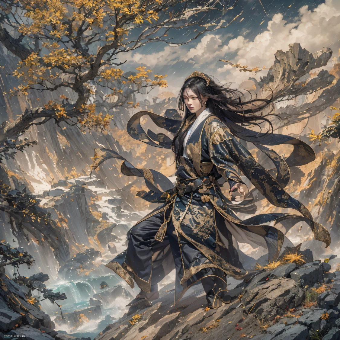 Qin Yu flew into the Immortal Demon Realm, Chance encounter with Liu Hanshu, He saw in him his former self, It was decided to take him as an apprentice, Teach him how to protect himself, But because of the Tibetan star map, He established relationships with the Liu family and the Jade Sword Sect, It opens with the death of Liu Hanshu, Qin Yu embarked on the road of confrontation with a strong enemy, Working hard, Make yourself stronger, Stick to your own core path of justice, I also want to protect the people I care about, The three brothers took off, And embarked on a long journey to find a good brother, Qin Yu, Where are Xiao Hei and Hou Fei(canyons)Climb the streets(Doomsday Stream)eyes filled with angry,He clenched his fists,Rush up,Deliver a fatal blow to your opponent,full bodyesbian,Full Body Male Mage 32K(Masterpiece Canyon Ultra HD)Long flowing black hair,Campsite size,zydink, The wounded lined up in the streets(canyons)Climb the streets, The scene of the explosion(canyons), (Linen batik scarf), Angry fighting stance, looking at the ground, Batik linen bandana, Chinese python pattern long-sleeved garment, canyons(Abstract propylene splash:1.2), Dark clouds lightning background,Flour flies(realisticlying:1.4),Black color hair,Flour fluttering,rainbow background, A high resolution, the detail, RAW photogr, Sharp Re, Nikon D850 Film Stock Photo by Jefferies Lee 4 Kodak Portra 400 Camera F1.6 shots, Rich colors, ultra-realistic vivid textures, Dramatic lighting, Unreal Engine Art Station Trend, cinestir 800,Flowing black hair,(((Jungle Canyon)))The wounded lined up in the streets(vale)Climb the streets,Movie master live image quality