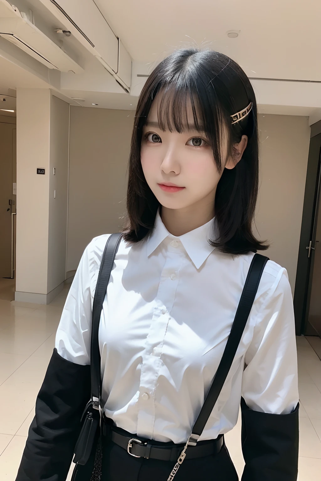 (masutepiece:1.2),High quality,vivd colour,flat-colors,Deep Depth Of Field,Lens Flare,1 girl,Black hair,eyecontact,Suit,Collared shirt,Belt bag,suspenders,Professional,Office Lady,Mature Women,Black Suit,Black jacket, ceiling walls