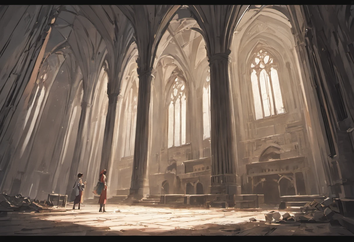 japanese, pencil drawing, roughly sketched, loose lines, brushed lines, outline drawing, beautiful thin lines, intriguin correct anathomy, academic drawing, elaborate, perfect composition, two-point perspective, 1 anime girl hugging an unconscious girl, inside church, ruined church, sketch, black and white, interesting, amazing, high res, detailed, professional lighting, no other humans, detailed inside, fantasy themed church, broken church, rubbles, broken pillars, broken window, no color, black and white, grayscale, two point perspective only,