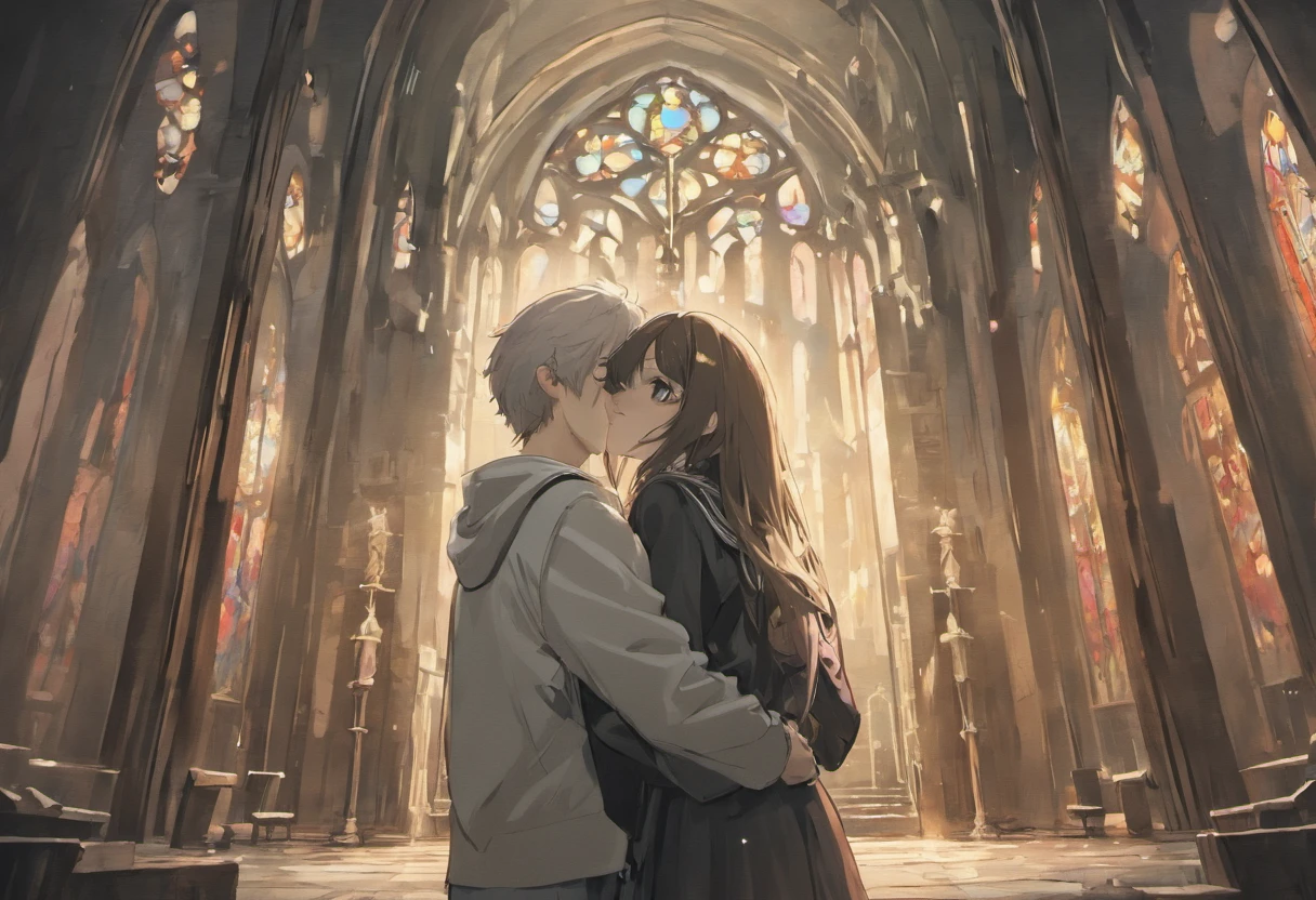 japanese, pencil drawing, roughly sketched, loose lines, brushed lines, outline drawing, beautiful thin lines, intriguin correct anathomy, academic drawing, elaborate, perfect composition, two-point perspective, 1 anime girl hugging an unconscious girl, inside church, ruined church, sketch, black and white, interesting, amazing, high res, detailed, professional lighting, no other humans, detailed inside, fantasy themed church, broken church, rubbles, broken pillars, broken window, no color, black and white, grayscale, two point perspective only,