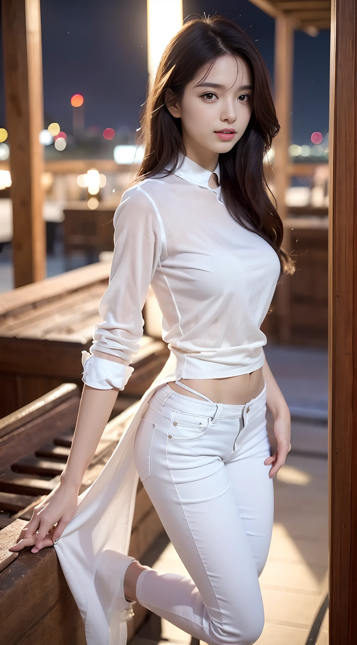 ((midynight, Need, 8K, tmasterpiece:1.3)), full bodyesbian, Thin legs, Focalors:1.2, (Skinny and small,Height one meter five)big breasts beautiful(junior school student)girlfriend:1.4, Slim abs:1.1, ((hair straight,Dark brown hair, Medium-sized breasts:1.2 )), (Stylish white loose shirt,The hem flutters, Stylish little flared jeans, standing on your feet:1.2), ((city night scene, the roof:1.3)), Highly detailed facial and skin texture, A detailed eye, Single Eyelids,Smile showing teeth,Super nice looking,Fair and well-proportioned legs,Extended flared jeans,Wear sandals,Reveals tender white toes,Shoot from all angles,Show off your slender waist and beautiful hips,Pose sexy seduction,fully body photo