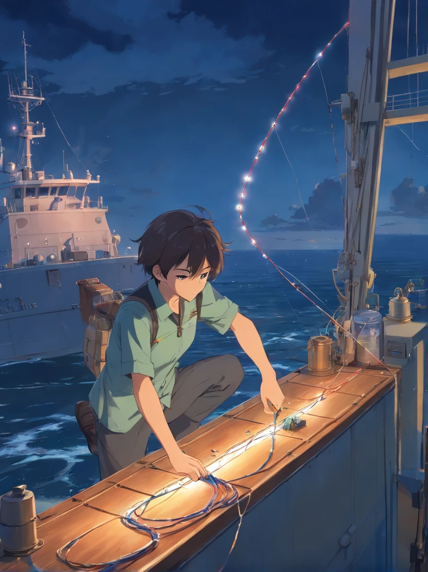 Captain hanging a fishing line at the tip of a warship