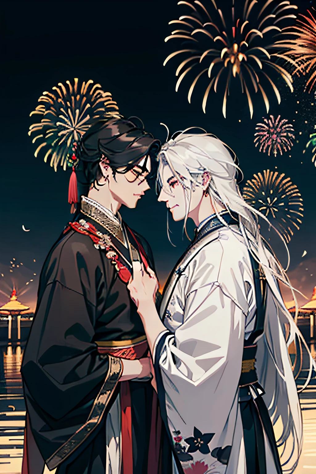 Two men., attractive, lover, Finely detailed eyes and detailed face, long-haired, fantasy, Spectacular backgrounds, Fluttering flowers, Wearing traditional hanfu, Advanced details, nightsky, secret, fireworks, white hairs, black hairs