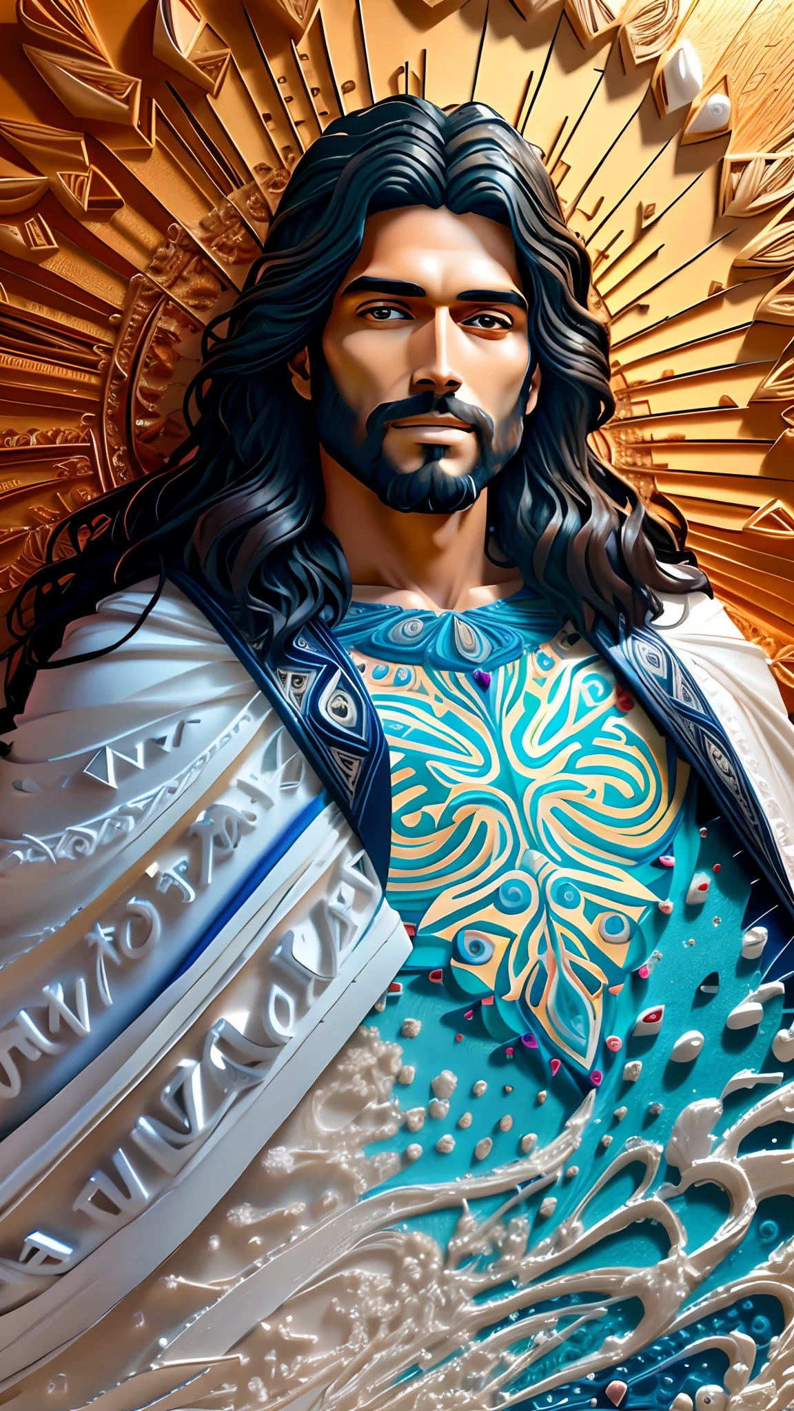 jesus is the light of the world, Jesus Cristo, Jesus, Tron legado Jesus Cristo, rosto de Jesus, jesus of nazareth, O Senhor e Salvador, Tron legado Jesus, Jesus Cristo. A portrait of Jesus Christ with a cheerful and welcoming expression, papel multi dimensional quilling, multidimensional geometric wall PORTRAIT, ayahuasca arte, lindo, Colouring, Primary works, qualidade superior, melhor qualidade, Arte Oficial, Beautiful and Aesthetic,((8K Ultra realista))