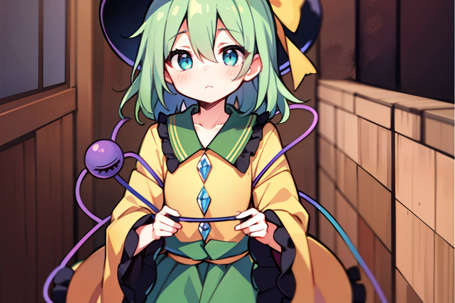1girl in, beautiful countenance、komeiji koishi, Petite, closes mouth、glareing、dead eyes、No highlights in the eyes、long-sleeve、symple background