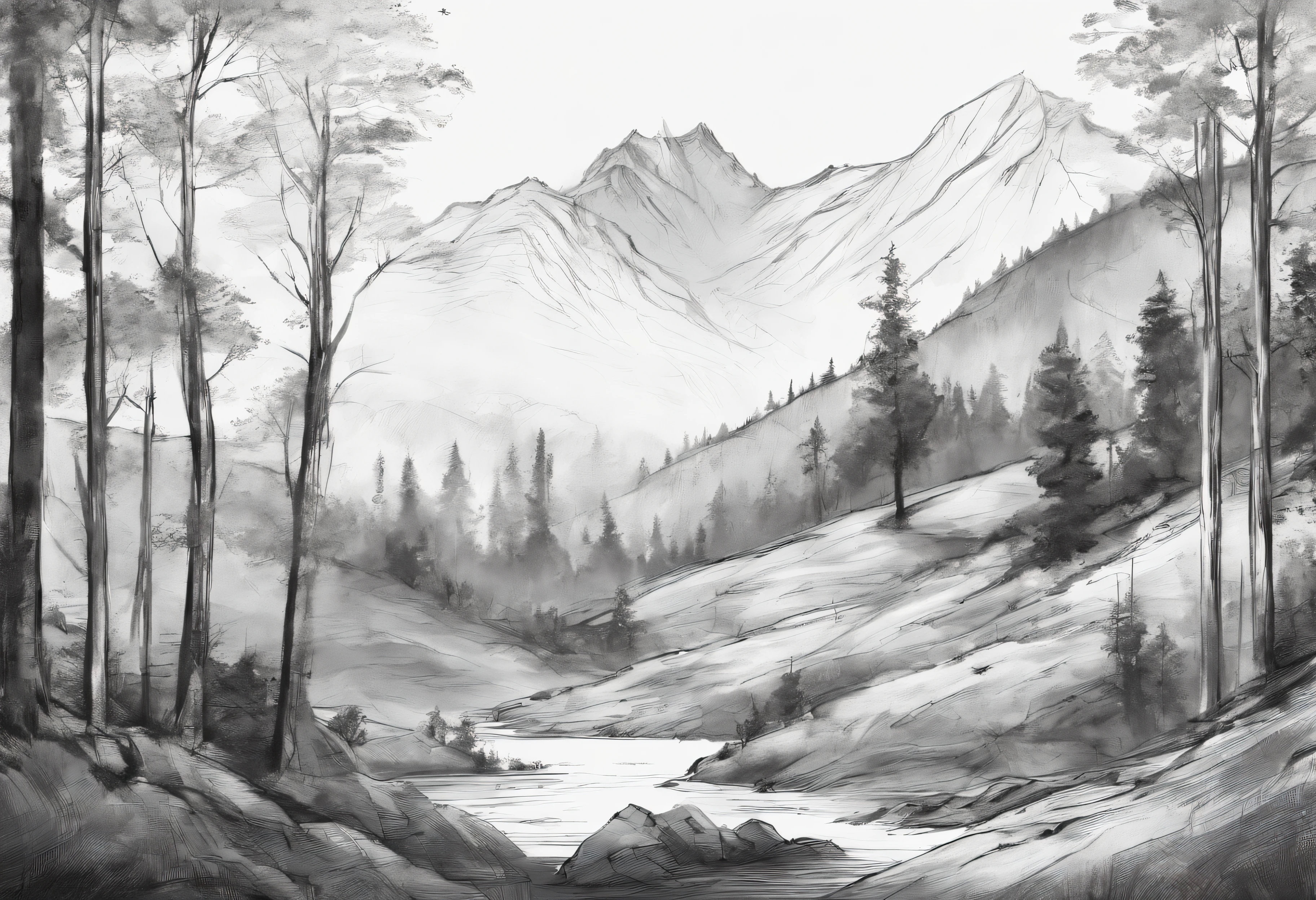 Mountain landscape, deciduous forests, charcoal sketch, very detailed and delicate