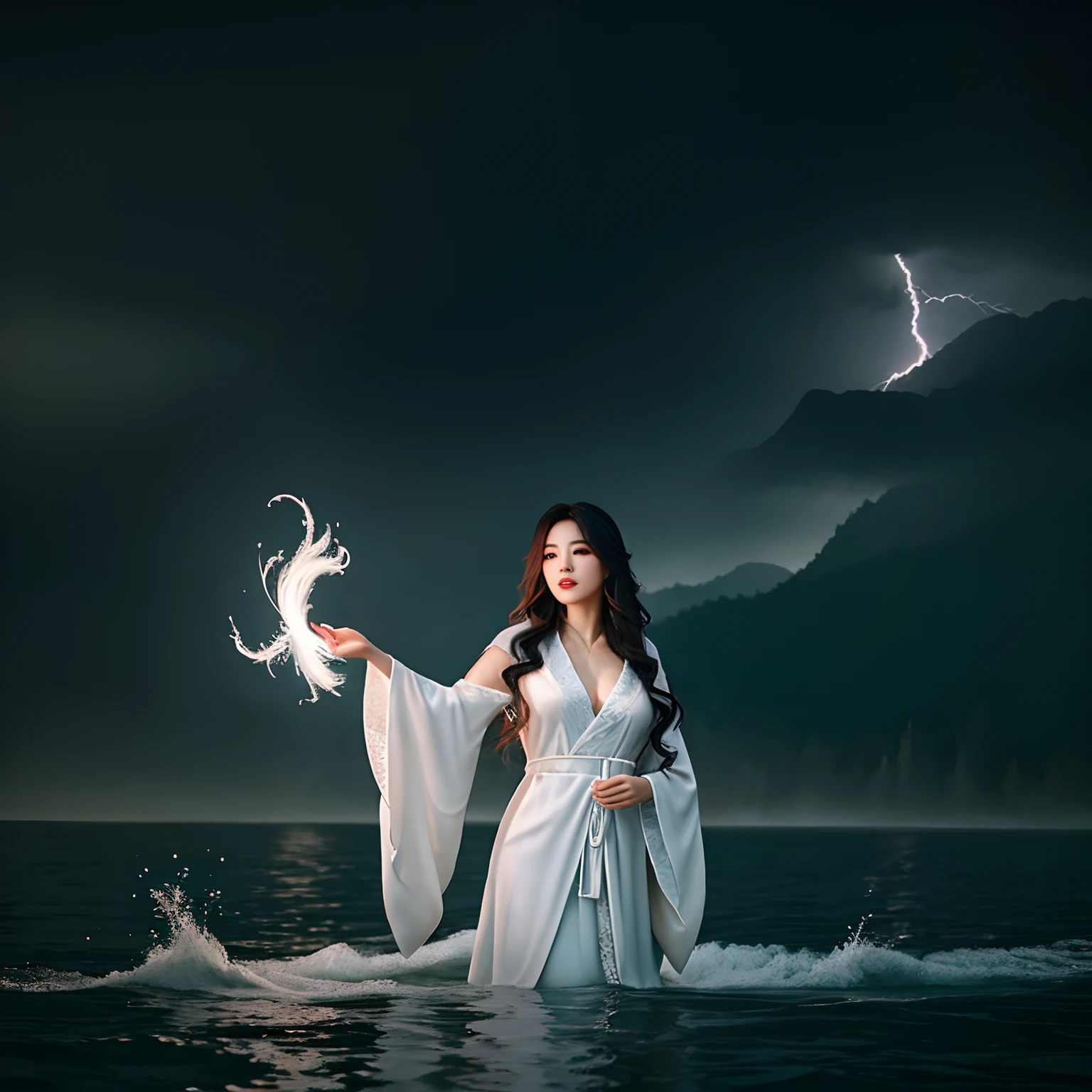 Medium shot,Beautiful and ethereal vixen dressed in flowing Chinese robes。The image captures a fox spirit standing gracefully on the water，closeup cleavage，Surrounded by dark clouds and lightning，Adds an otherworldly touch to the scene。The fox demon's long white hair and robe were blown up by the wind，It adds movement and fluidity to the picture。Use Midjourney's advanced brush tools to create complex folds and textures on vixen's robes and hair，And experiment with different color palettes and brushstrokes to bring out the ethereal quality of the scene。The image of the vixen is sometimes obscured by the surrounding mist，It also adds to the beauty of the vixen，Make the scene full of mystery and fascination。Leverage Midjourney's powerful tools，You can bring this captivating and ethereal scene to life with incredible detail and beauty。 hdr，（真实感，Masterpiece quality，best qualtiy），，PureErosFace_V1，Urzang-6500-V1 Edition.1，