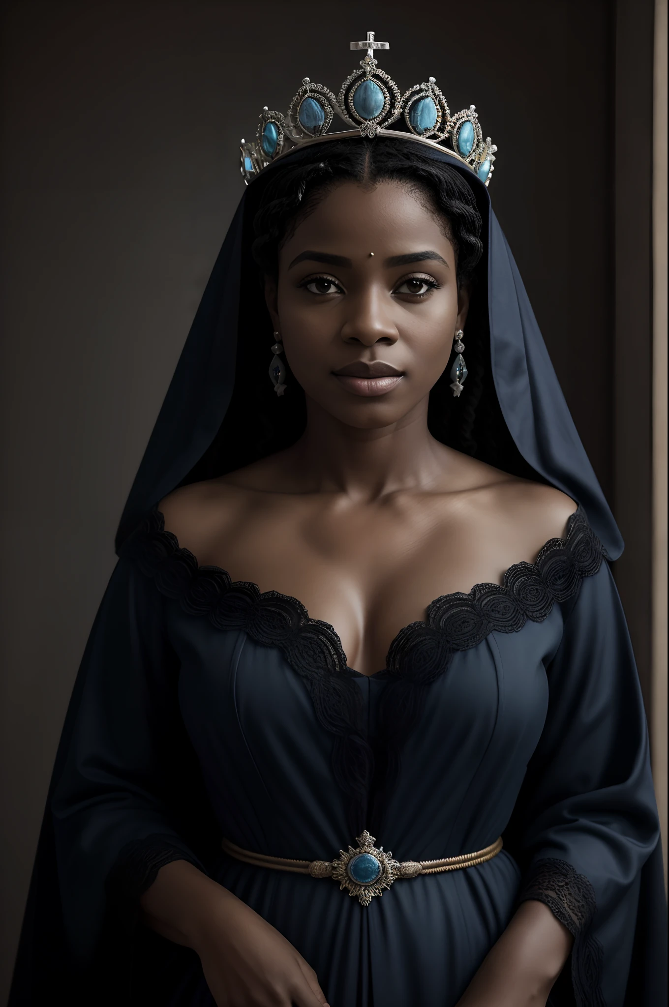 Black woman in a blue robe with a crown on her head, orando, mulher negra de 30 anos, mother mary, majestosa mulher de santo, queen of heaven, Virgem Maria, Retrato da Virgem Maria, inspirado em Francisco de Burgos Mantilla, padroeira, usando uma coroa e capa, (Foto RAW, real, melhor qualidade, obra-prima: 1.2), (Hiper realista, realista: 1.2), alta qualidade, (dark ilumination: 1.2), perfect lighting, Lightroom, Filmes 35mm, cinemactic, cores esmaecidas, tiro escuro, cores silenciadas, filme granulado, lute, detalhes insanos, detalhes intrincados, hiperdetalhado, 4k