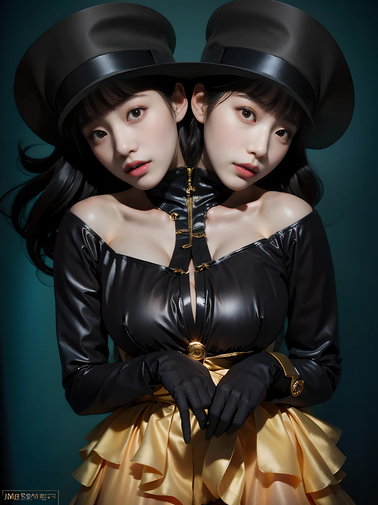 "Best Quality, Two-headed Korean girl, tall,is standing,Colossal tits,kneehigh boots, Black pantyhose,Looking at the camera,Fulll body Shot, simple background."