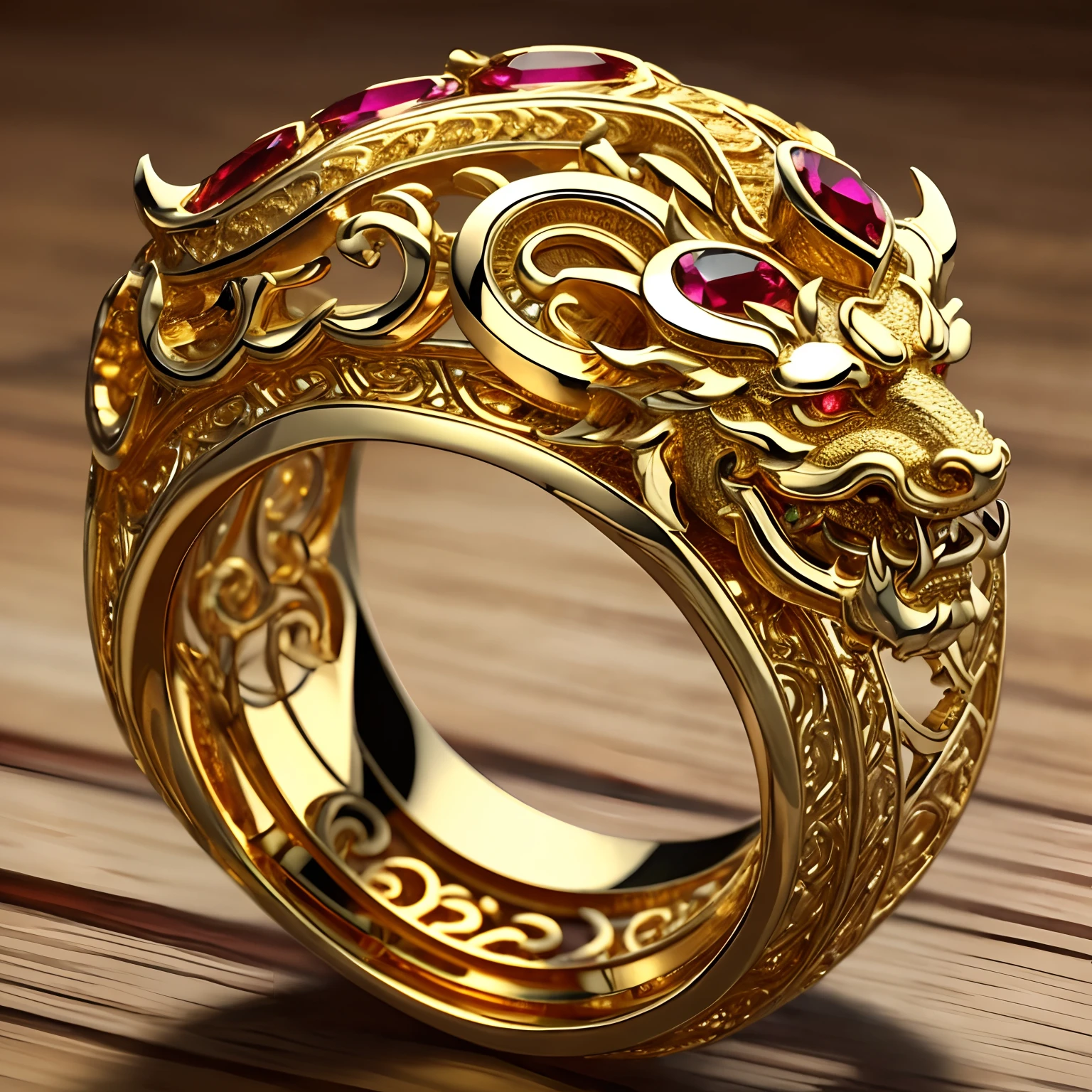 Masterpiece，highest  quality，(Nothing but the ring)，(No Man),Supreme Ring，Chinese dragon element carving，This is（Supreme Lord of the Rings：6.66），Made in gold，Meticulous workmanship，Honorable and gorgeous，The body of the dragon is set with red gemstones，It shines with a noble golden magical light，