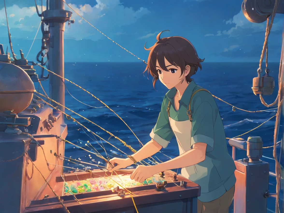 Captain hanging a fishing line at the tip of a warship