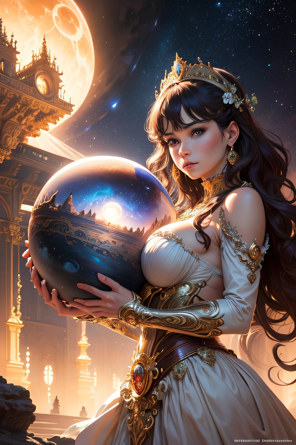 Sphere, Intricate, Rococo, Scenic, Hyperdetailed, Delicate; Royo; bright gassy colors; Regal; Bagshaw, Chevrier, Ferri, Kaluta, Minguez, Mucha, Johansson. Cinematic, 8K, concept, smooth focus, rutkowski, detailed Jupiter, beautiful, Artgerm, Giger, Planets, Space, wide angle