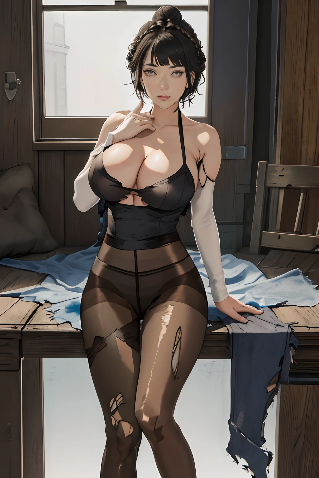 masterpiece, masterpiece,best quality,official art,extremely detailed CG unity 8k wallpaper, best quality, bare_shoulders, side-tie_bikini, victorian, black legwear, transparent underwear, ((((torn pantyhose)))), (((((huge breasts))))), short hair, gradient hair, two-tone hair, wet hair, hair down, forehead, alternate hairstyle, hair slicked back, crown braid, braided bun, hair bun, diagonal bangs, asymmetrical bangs, alternate hair length, absurdly long hair, very short hair,