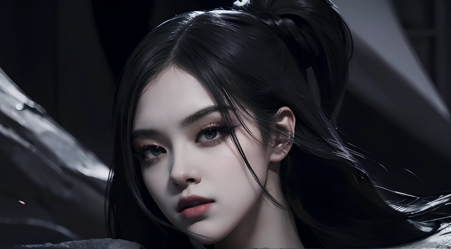 (best quality, highres),black dress,black hair,black petals,black theme,no lights,black ninja,dark shadows,dramatic atmosphere,exquisite details,perfect composition,subtle textures,contrasting colors,sleek design,graceful movement,sharp edges,emotive expression,extraordinary pose,mysterious aura,striking contrast,modern art style,intense emotions,masterful brushstrokes,vibrant black tones,sophisticated elegance,fierce and powerful,mesmerizing intensity,artistic vision,black abyss,illusion of depth,enigmatic beauty,ethereal presence,impressive artwork,hauntingly beautiful, dark theme, black background, black rose, dark ninja, intense gaze, flowing dress, detailed facial features, long eyelashes, contrast, fine details, dramatic atmosphere, gothic style, intense emotions, monochrome color palette, captivating setting, haunting beauty, artistic photography, everything is black