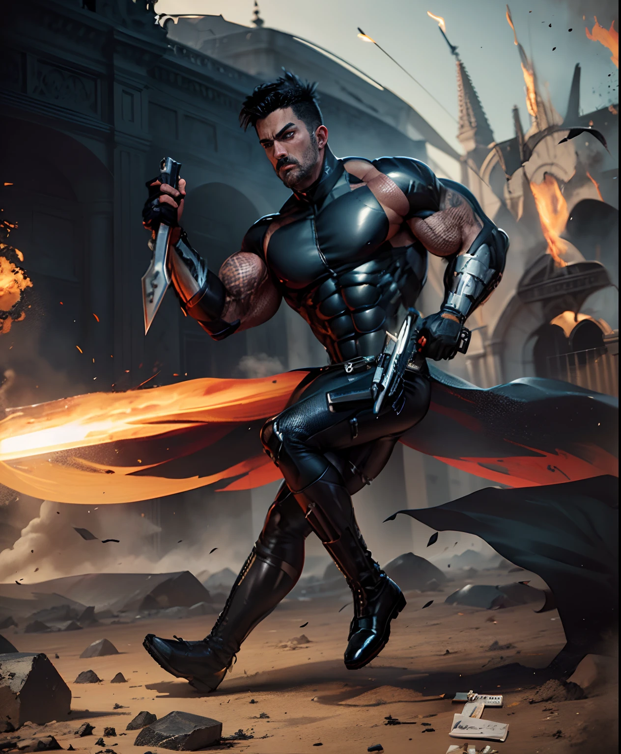 masterpiece, high quality images, high detailed faces, perfect faces, desenho realista de um homem de cabelos e olhos castanhos, European model face in a matte black neoprene tactical body suit holding a knife in right hand, Holding a chrome pistol in his left hand, luvas pretas, botas preto fosco, matte black trousers, Arms with matte black sleeves, inspirado por Gary Frank, desenho realista de quadrinhos, comic realistic drawing, desenho realista com tinta, comic shading, personagem de quadrinhos, muscular character, Estilo arzach de quadrinhos, Desenho realista de quadrinhos da Marvel, Comic Realistic Character, (inktober), Desenhado no estilo de Mark Arian, action poses with weapons, explosions in the background, campo de batalha, Fantastic Art, 8k