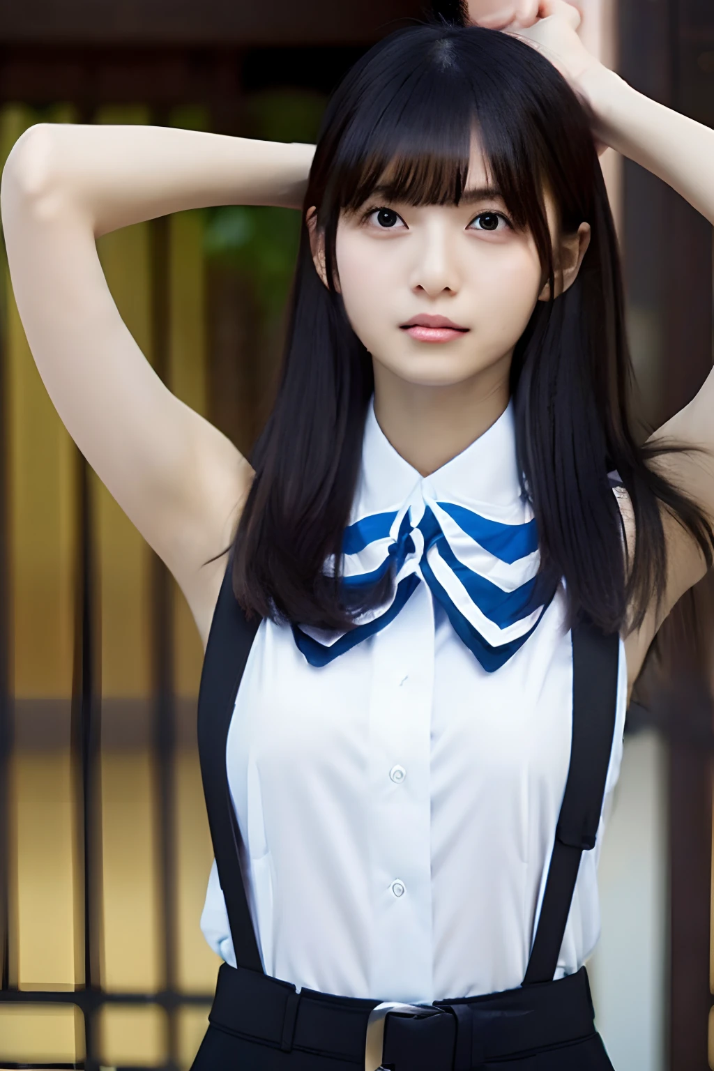 (masutepiece:1.2),High quality,vivd colour,flat-colors,Deep Depth Of Field,Lens Flare,1 girl,Black hair,eyecontact,Suit,Collared shirt,Belt bag,suspenders,Professional,Office Lady,Mature Women,Black Suit,Black jacket,Gaze,ample bosom,Armpit sweat,Exposing the armpits"