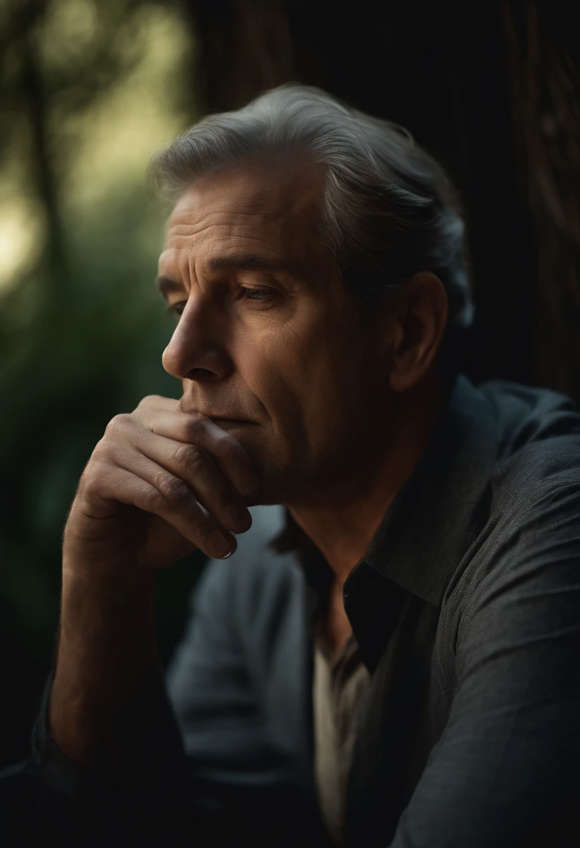 highres,realistic portrait of a pensive man,smoky atmosphere,soft lighting,gentle wisps of cigarette smoke in the air,hand supporting chin in contemplation,deep in thought,well-defined features,wrinkles of experience on his face,mature and introspective,melancholic expression,eyes gazing into the distance,faint hint of sadness,subtle play of light and shadow on his face,his thoughts drifting,aura of solitude,subdued color palette,subtle color grading,quiet contemplation,quiet moment of self-reflection,stillness and tranquility