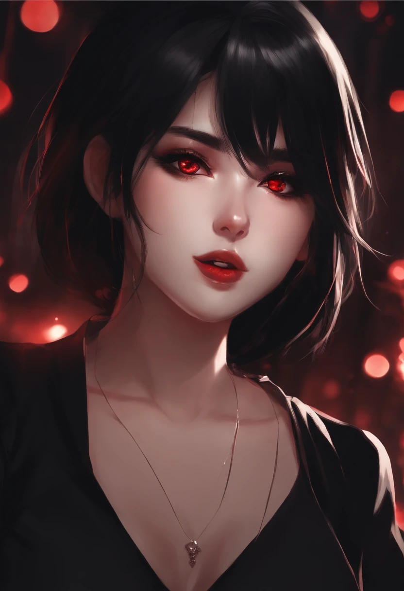 Anime girl red eyes black hair black shirt written stenwolf art blushing