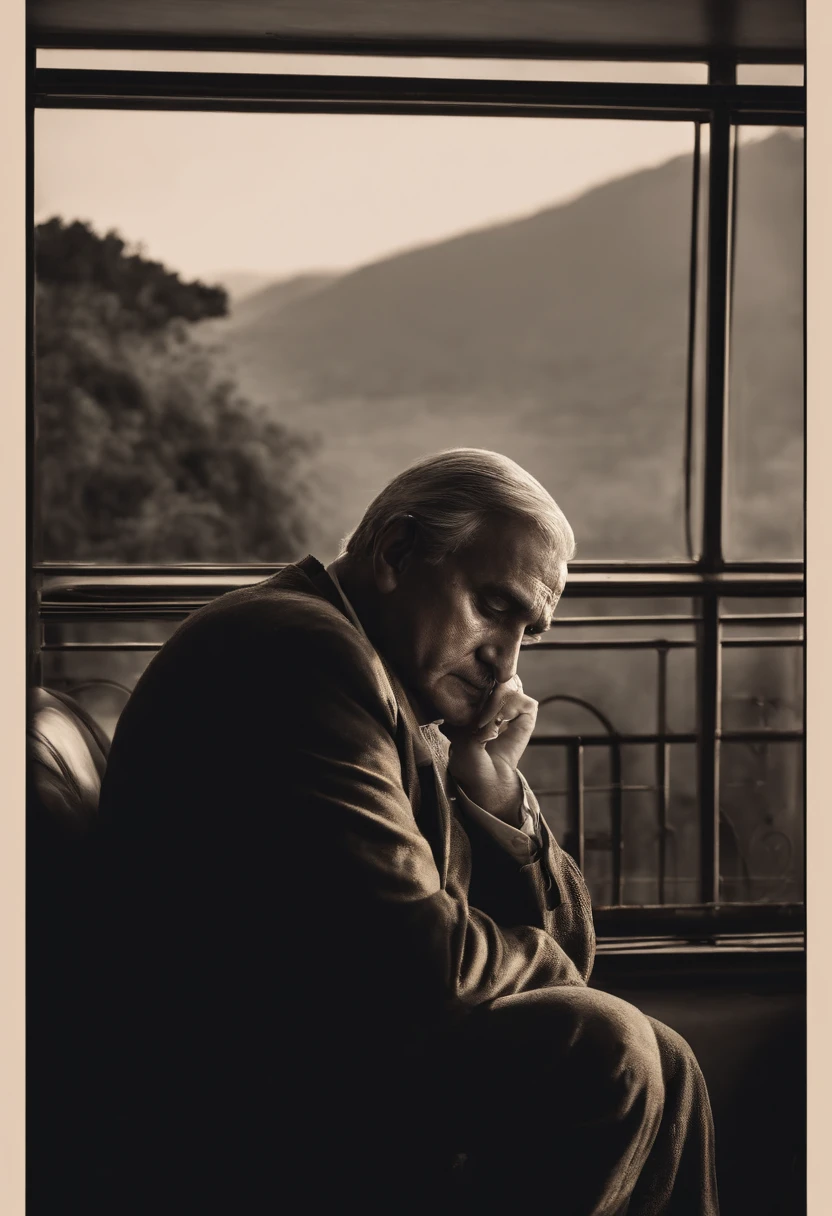 Altas,retrato realista de um homem pensativo,smoky atmosphere,soft lighting,Soft cloths of cigarette smoke in the air,Hand resting chin in contemplation,Absorto em pensamentos,well-defined features,Experience wrinkles on your face,maduro e introspectivo,wistful expression,olhos olhando ao longe,Slight hint of sadness,jogo sutil de luz e sombra em seu rosto,Your thoughts drifting,Aura of loneliness,paleta de cores moderada,subtle color grading,quiet contemplation,Quiet moment of self-reflection,quietude e tranquilidade