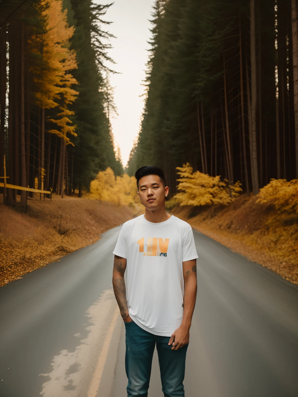 there is a man standing on a road with a skateboard, standing in road, in front of a forest background, shot on sony a 7 iii, shot on sony a 7, shot on nikon z9, shot on canon eos r 5, shot on canon eos r5, on a road, full body photogenic shot, taken with canon eos 5 d mark iv