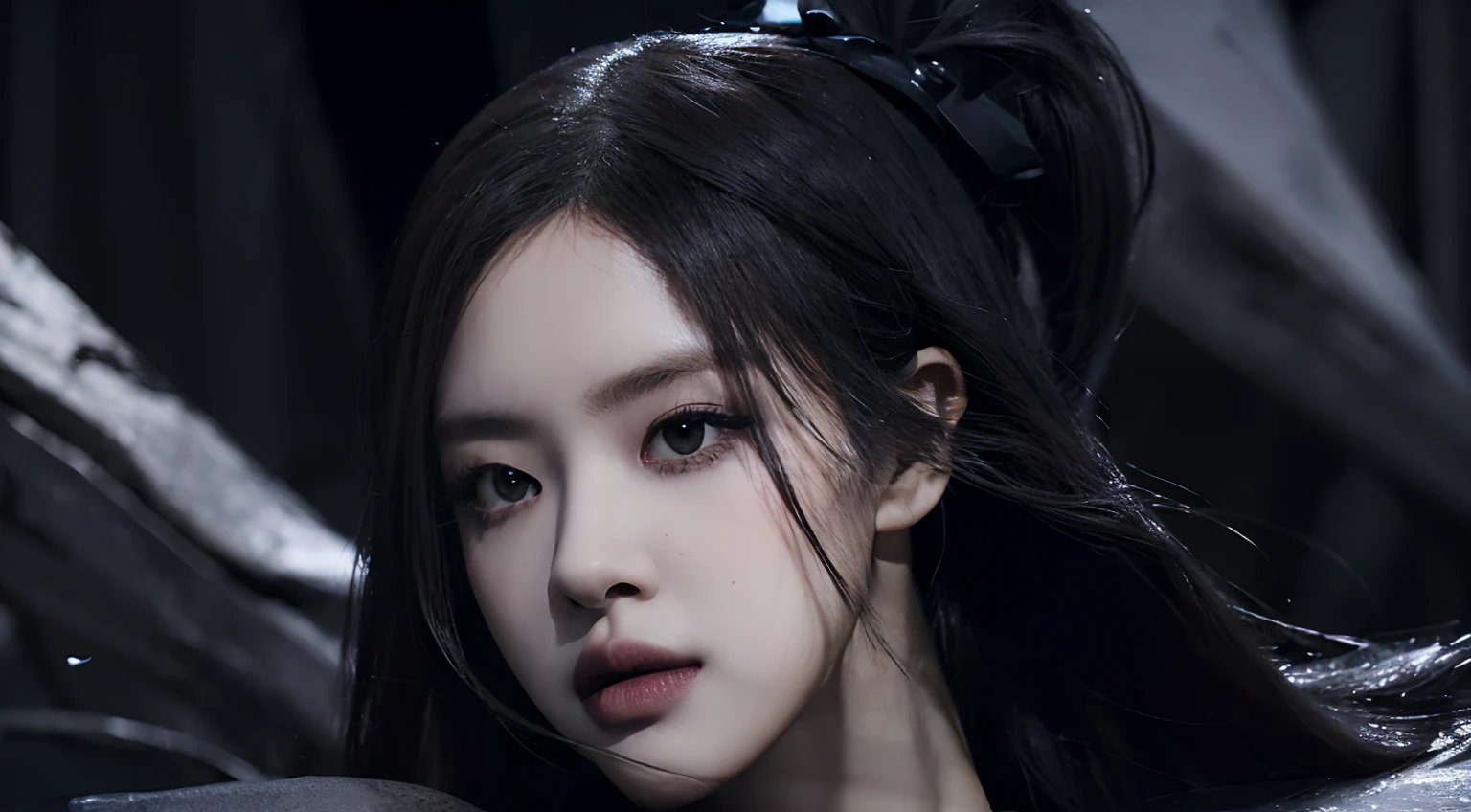 (best quality, highres),black dress,black hair,black petals,black theme,no lights,black ninja,dark shadows,dramatic atmosphere,exquisite details,perfect composition,subtle textures,contrasting colors,sleek design,graceful movement,sharp edges,emotive expression,extraordinary pose,mysterious aura,striking contrast,modern art style,intense emotions,masterful brushstrokes,vibrant black tones,sophisticated elegance,fierce and powerful,mesmerizing intensity,artistic vision,black abyss,illusion of depth,enigmatic beauty,ethereal presence,impressive artwork,hauntingly beautiful, dark theme, black background, black rose, dark ninja, intense gaze, flowing dress, detailed facial features, long eyelashes, contrast, fine details, dramatic atmosphere, gothic style, intense emotions, monochrome color palette, captivating setting, haunting beauty, artistic photography, everything is black