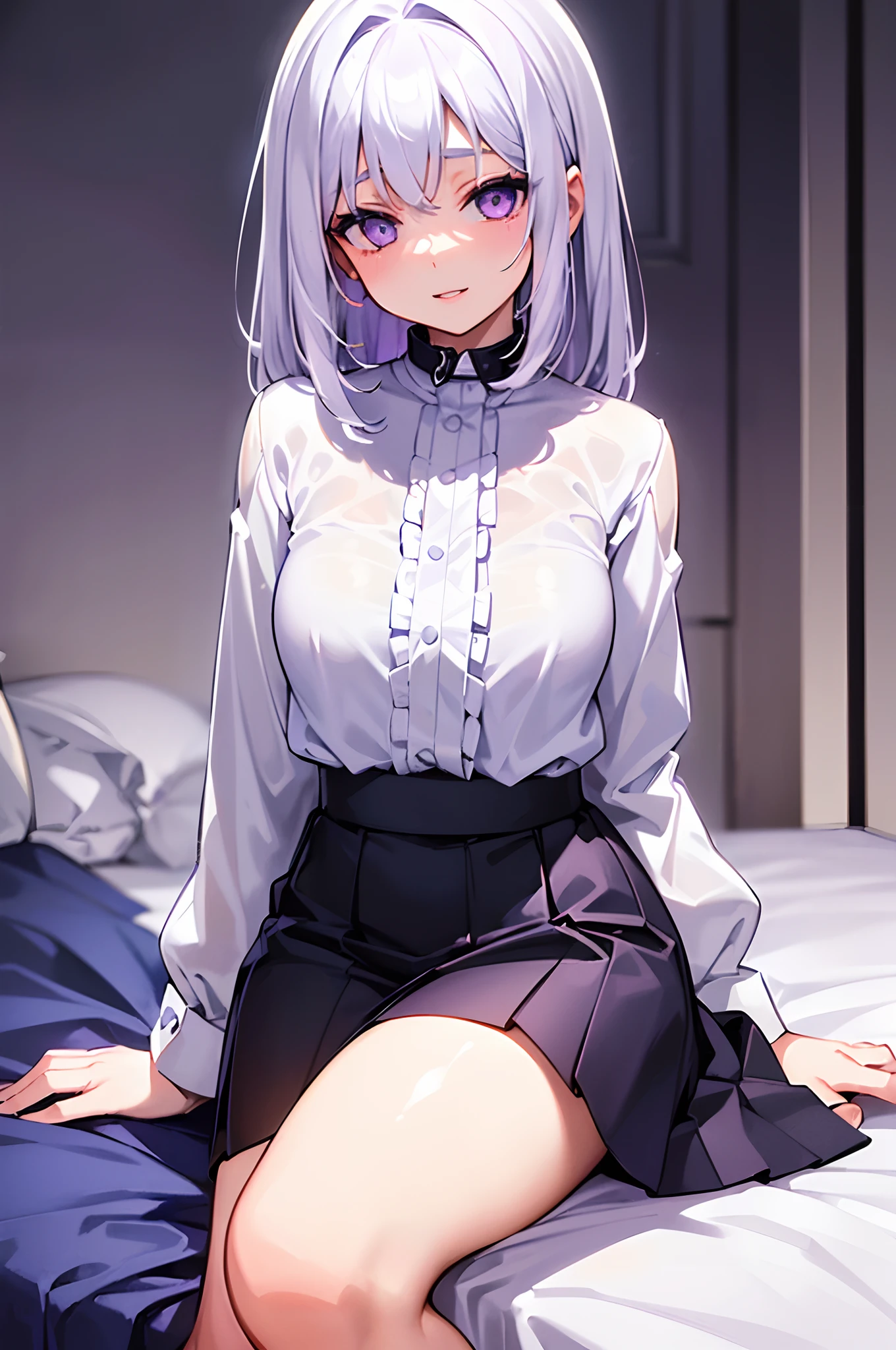 ((​masterpiece)(1girl in)、white  hair、Lilac glowing eyes、Down Style、Y shirt、a miniskirt、A slight smil、frontage、full bodyesbian、sit on a bed、Parted lips