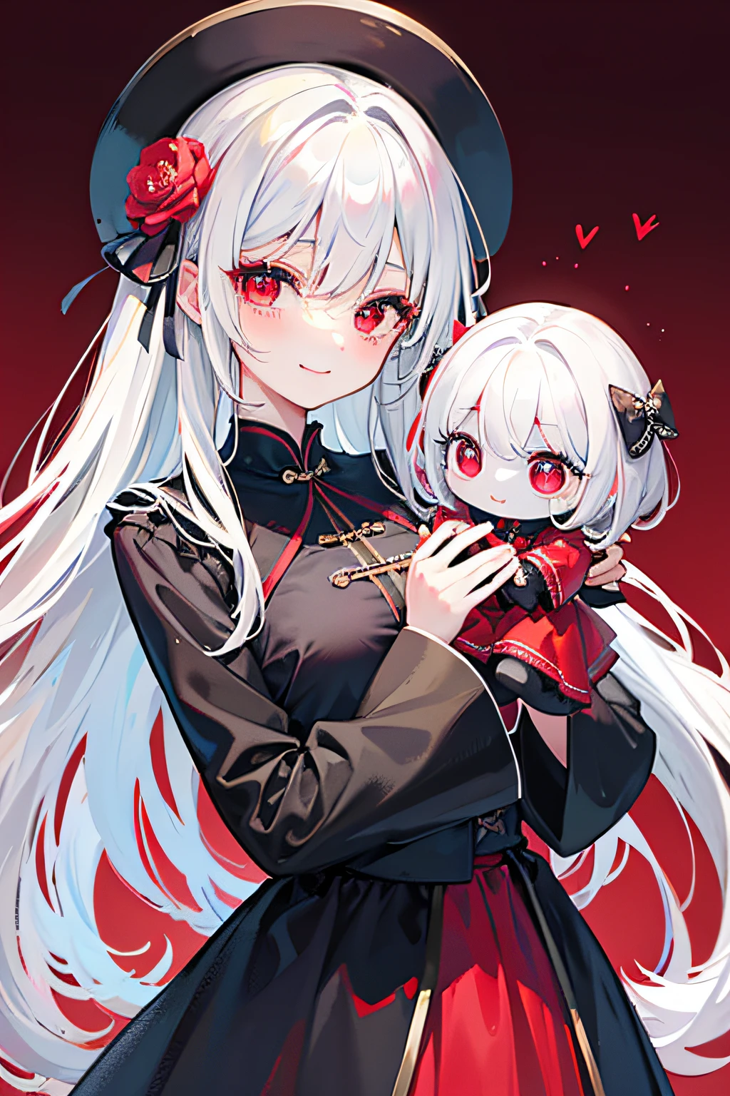 Best quality at best, 超高分辨率, chiquita, Dark Gothic suit, adolable,Two ghost dolls on his hands , full bodyesbian, smiling at me, red eyes, flower pupils, sweet, big breasts beautiful, adolable, care, is shy, hyper HD。White hair and red eyes