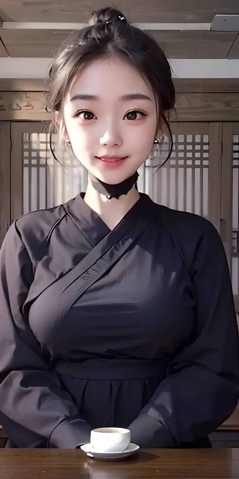 1girl,black hair,Bun hair,black clothes, ultra detailed, smile