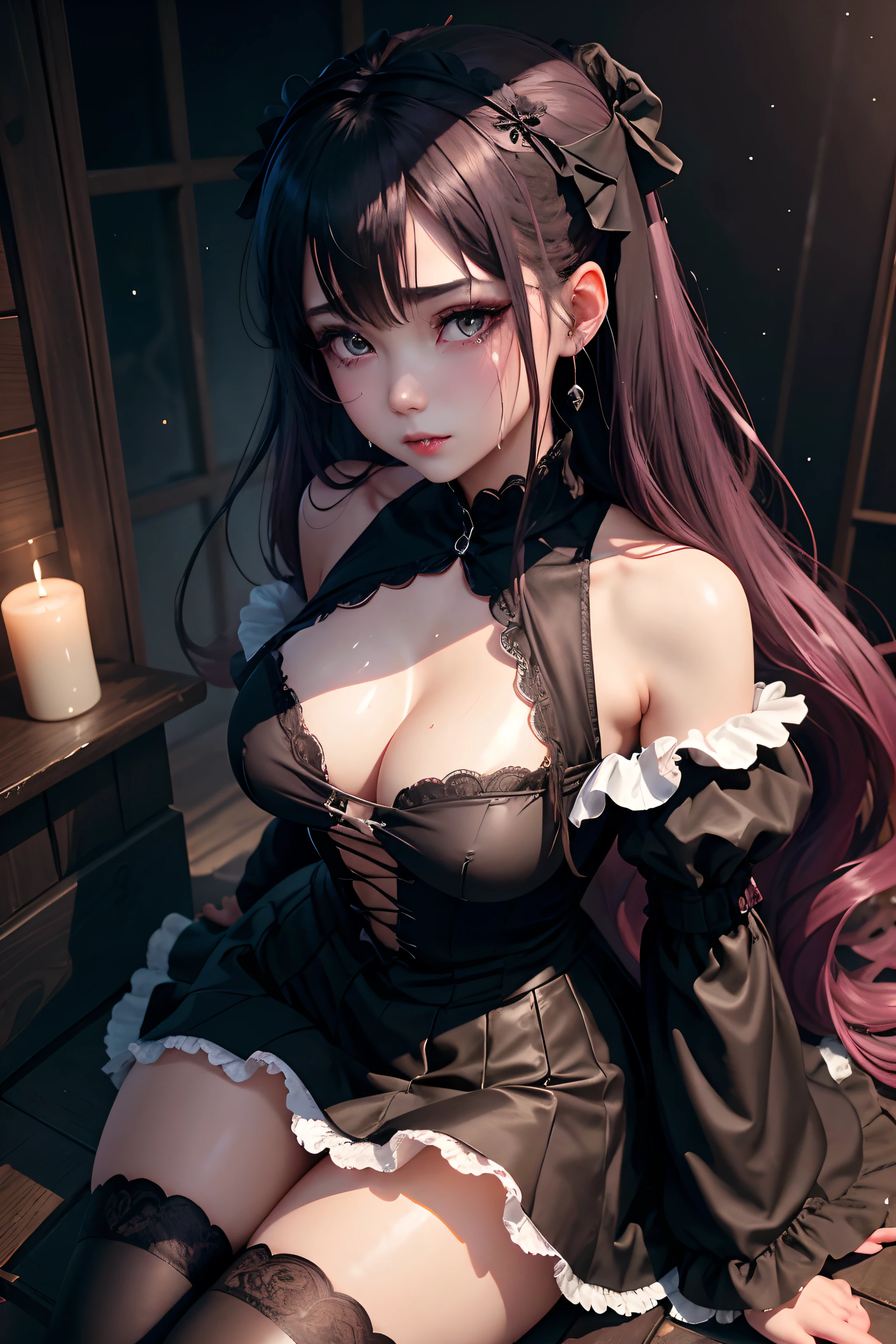 A sexy、A slight smil、garterbelts、knee high socks、panthyhose、Beautifying the world、Unhappy、Lament my night's fantasy、Transcendent beauty、Beautiful shape、wretched、ghosts、wraiths、Evil Spirit、Beautiful、boredom、Unusual beauty、Bewitching、Fornication、Hard Dark Gothic Makeup、Maniacal、Deep night sky、horor、twin-tail hair、Black Dark Eyeshadow、slaves、crying how bright、mourn、Sad songs、Good skin luster、Lace pink、Long hair straight hair、Dark Gothic Makeup、Dark smile、Restless Palace、Expressions of sexual arousal、Fragrant beauty、age19、carriage、Lying、seductiv、Strong sexual pleasure facial expressions、A look of shame、Dark Gothic、Gothic Long Dress、Gothic ta、bright pink hair、masturbation、bell sleeves、Wizard Sleeve、Obscene look、Stained glass background、masutepiece、Best Quality、Ultra-detailed、Refers to 5 books、Sweat glitters on my chest、Glitter of sweat on your face、Expression of sexual pleasure in anguish、Drunken face、maid clothes、Nasty Woman、Mysterious、noble、Face holding back the toilet、Goth lolithes、Black pretend skirt、View from above、The body is wet and shiny、Has a transcendent sex appeal、Sexy poses、Nasty poses、Face with burning body、sloppily open your legs、Glistening with huge amounts of sweat on my thighs、I'm sweating a lot、A little slender、Breast size medium、cross one's legs、