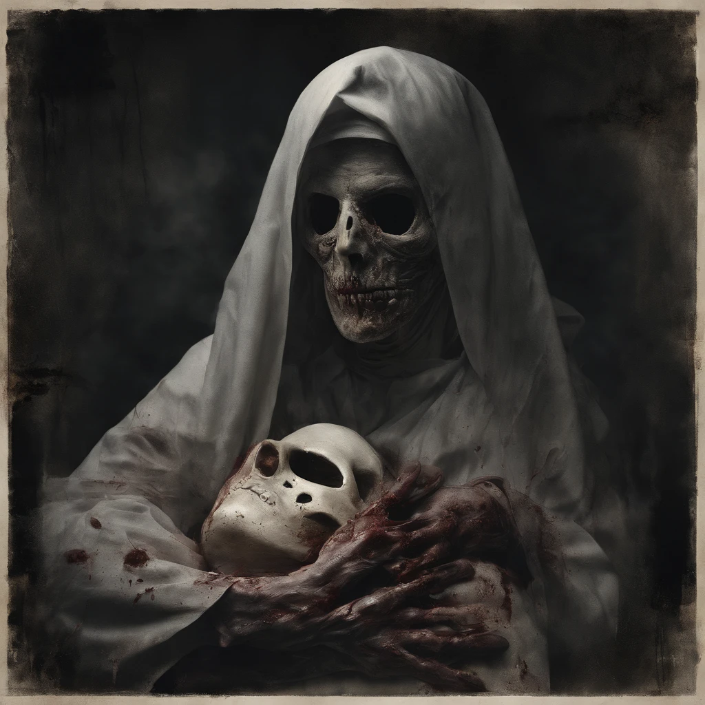 (best quality,4k,8k,highres,masterpiece:1.2), ultra-detailed, (realistic,photorealistic,photo-realistic:1.37), nurse with face covered in bandages and blood, holding a human skull in hand, medical professional, dark and dramatic lighting, intense gaze, gloomy atmosphere, detailed facial features, long eyelashes, blood stains on the bandages, serene but eerie expression, vintage sepia tone, horror genre